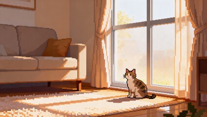窓辺で日差しを浴びる猫の穏やかなリビングルームピクセルアート
