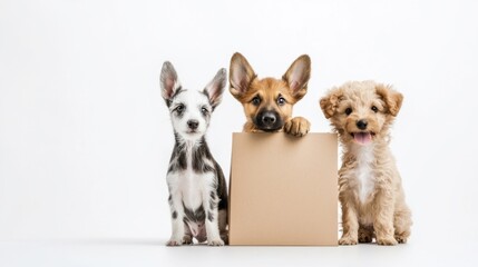 Obraz premium Three adorable puppies posing with a blank cardboard sign.