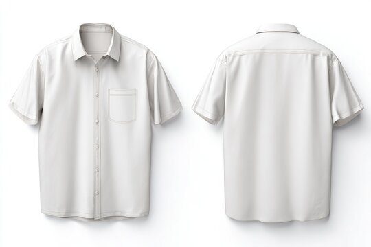 Plain white short sleeve collared shirt displayed front and back