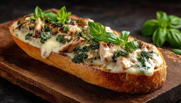 High quality photo of Gourmet chicken pesto bruschetta with melted cheese and fresh basil on a rustic wooden board