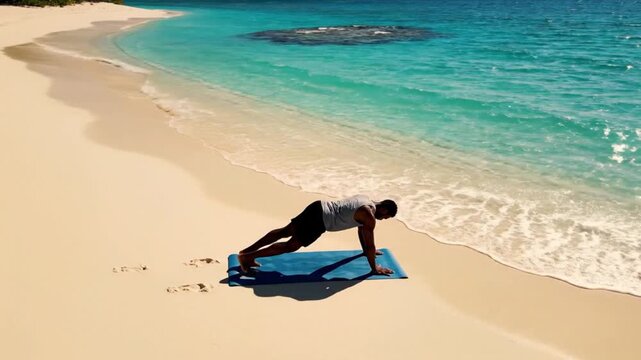 A fit man maintains a perfect plank position on a yoga mat on a pristine sandy beach by the clear turquoise ocean.