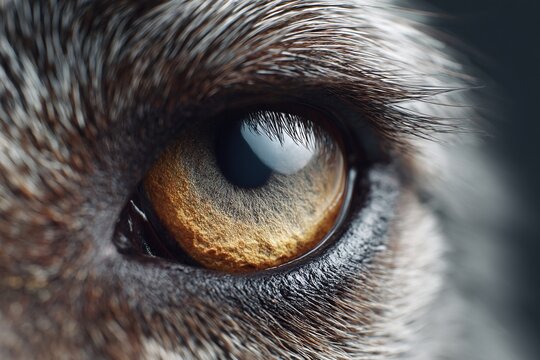 Extreme close-up of a dog's brown eye, showing intricate iris details and eyelashes