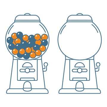 Two gumball machines one full and one empty in a simple line art style