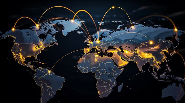 Global communication network connecting world map with data
