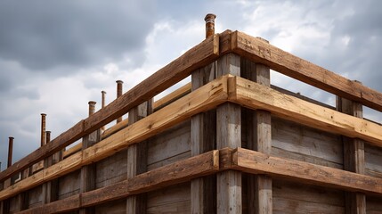 Wooden formwork structure for concrete construction against a cloudy sky