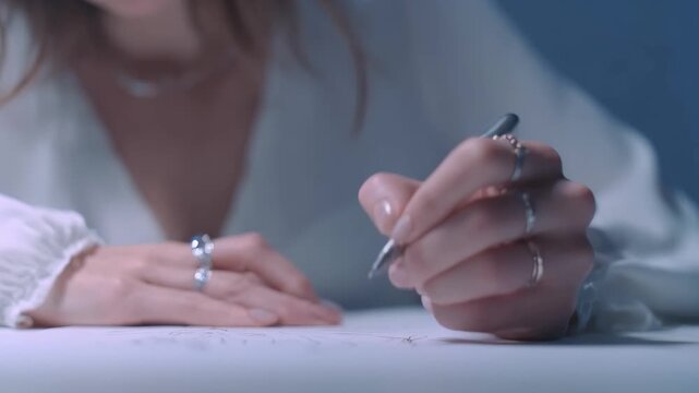 Creative artist working on minimalistic album cover art focusing on clean lines and simple typography in a stylish studio environment.