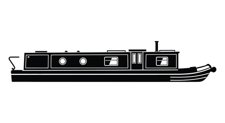 A sleek black silhouette of a narrowboat with detailed windows and structure on transparent background high quality professional modern elegant stylish