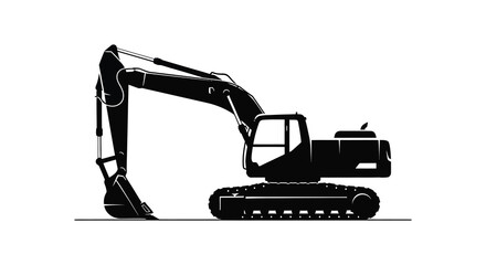 A striking black silhouette of a heavy duty excavator machine ideal for design projects on transparent background high quality professional detailed © rabbivay
