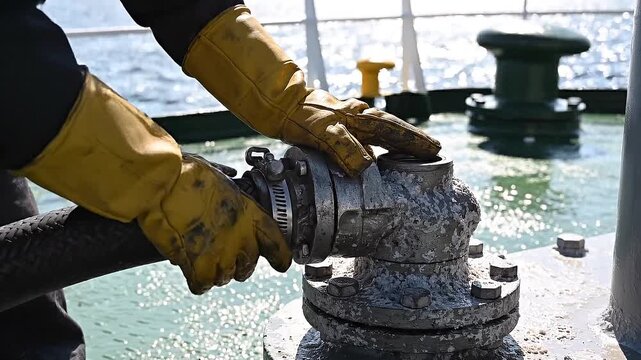 A worker in yellow protective gloves connects a heavy-duty hose to a weathered marine fitting on a boat deck, illustrating essential maritime operations and equipment in a sunny outdoor setting.