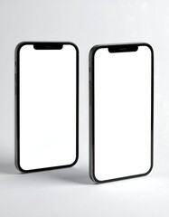 Two modern, black-framed smartphones with blank, white screens displayed against a bright, neutral background