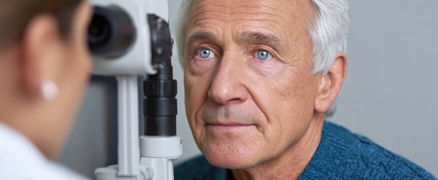 Senior guy getting his eyes checked by a friendly optometrist examiner