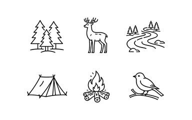 Fototapeta premium Set of minimalist line art icons representing nature and outdoor activities