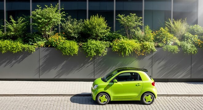 Bright green electric city car with urban greenery