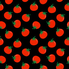 Seamless pattern with bright tomatoes. Fresh vegetable illustration ideal for food branding, packaging, kitchen decor, wrapping, textiles, wallpaper and surface design.
