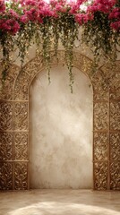 Fototapeta premium Elegant gold archway with vibrant pink flowers and lush greenery
