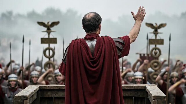 Cinematic Historical Rear View of Roman General Julius Caesar Wearing Red Cloak Giving Adlocutio Speech to Legion of Soldiers with Standards Depicting Military Authority Leadership and Discipline Conc
