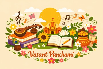 Naklejka premium Colorful cartoon Vasant Panchami illustration with veena, books, temple, flowers, and festive elements
