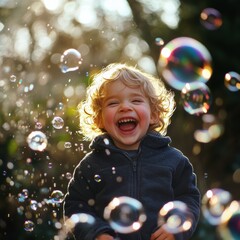 Fototapeta premium Pure Joy: Child Laughing Uncontrollably While Playing with Bubbles