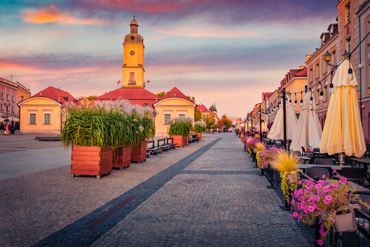Superb morning view of Museum of Podlasie in Bialystok, Podlaskie Voivodeship. Spectacular summer sunrise on Bialystok - largest city in northeastern Poland. Traveling concept background.