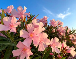 Soft pink flowers blooming against a brilliant blue sky