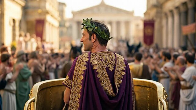 Cinematic Historical Rear View of Roman General Julius Caesar Wearing Purple Toga and Laurel Wreath Standing in Golden Chariot Waving to Blurred Crowd during Triumph Parade Celebration Concept
