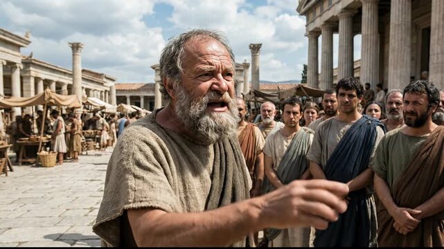 Historical Scene of Bearded Greek Philosopher Socrates Speaking Passionately to Crowd of Men in Ancient Athens Agora Market with Temple Columns Background Depicting Philosophy and Wisdom Concept