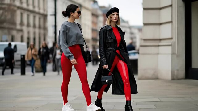 Fashionable street style: chic women in urban walkway with trendy attire and confident stride