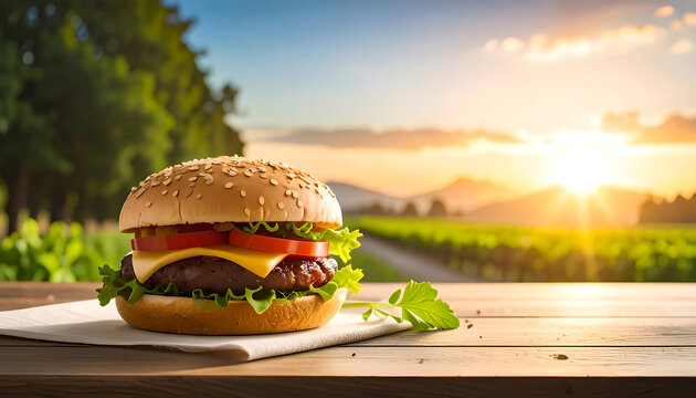 Lush burger on a wood table, sunset backdrop. Nature, fields, & mountains complete the serene food scene