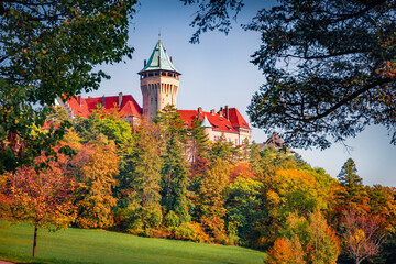 Naklejka premium Stunning morning view of Smolenicky castle. Splendid autumn cityscape of Smolenice village, municipality of Trnava District, Slovakia, Europe. Traveling concept background.