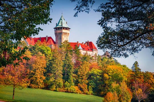 Stunning morning view of Smolenicky castle. Splendid autumn cityscape of Smolenice village, municipality of Trnava District, Slovakia, Europe. Traveling concept background.