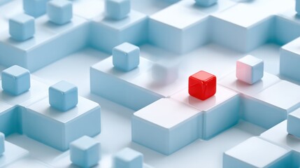 Fototapeta premium Abstract Isometric Cubescape with a Contrasting Red Cube for Emphasis
