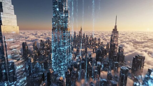 Futuristic city rises above clouds, with blue digital streams pouring down