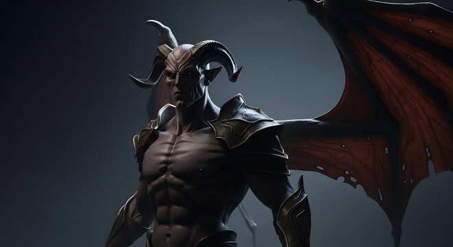 Dark fantasy demon warrior with horns and wings in armor