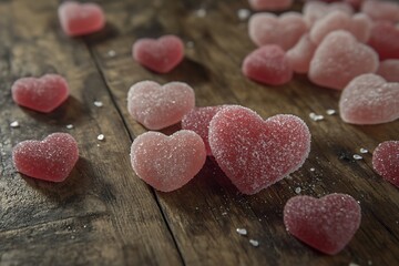 Obraz premium Pink heart shaped gummies on wooden surface candies sweets 2