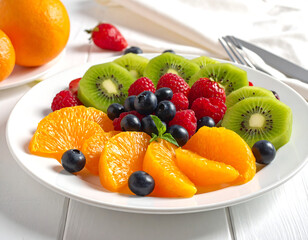 Fruit medley on plate kiwi, orange, raspberries, blueberries and a mint sprig. White wood background