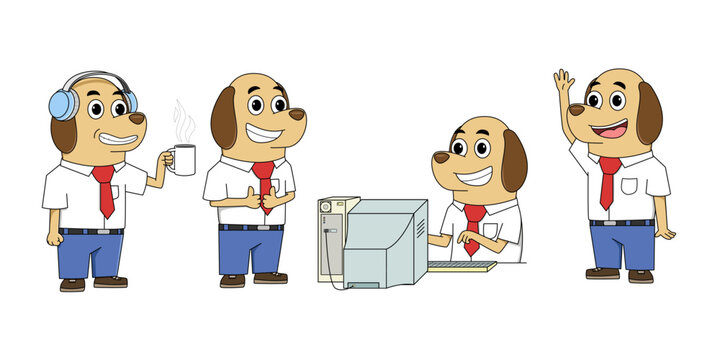 Set of cartoon dogs dressed as office workers performing daily tasks like drinking coffee, listening to music, working at a computer, and greeting, isolated on white background.