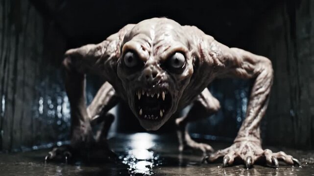 Terrifying monster creature crawling in a dark, wet tunnel. Scary horror scene with a jump scare as it lunges with sharp fangs. Underground nightmare concept