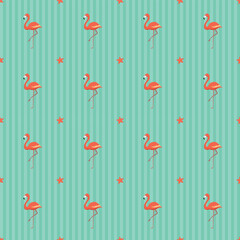 Seamless flamingo pattern with starfish on mint striped background. Tropical summer repeating wallpaper
