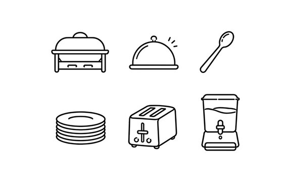 Collection of simple line art icons representing kitchen and catering equipment