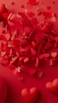 Vertical video: Appearing from top, falling heart confetti piling on red set with 3D corner hearts