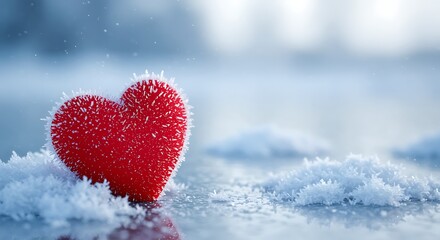 Red heart covered in frost and snow on frozen ground Valentine's Day symbol cold weather romantic gesture