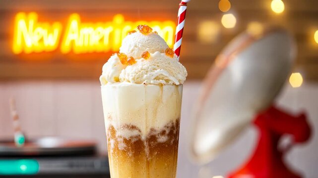 Delightful vanilla ice cream float in retro diner setting with soft lighting and decorative bokeh