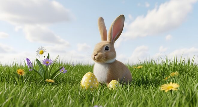 Easter bunny in a field of eggs on easter sunday morning