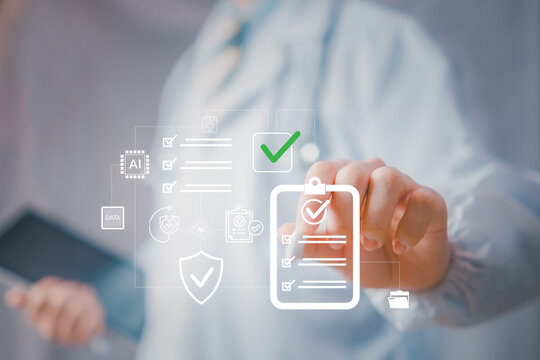 Healthcare compliance certification concept with AI-powered checklist, medical professional using tablet and stylus, stethoscope and approval icon representing quality assurance, patient safety system