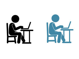 Fototapeta premium Minimalist vector illustration of a person sitting at a desk and working on a laptop. Professional black and blue stick figure graphics representing office work, freelance, study, and telecommuting.