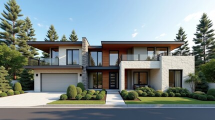 Modern luxury home with wood and stone facade and lush greenery