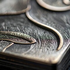 Intricate close-up of aged, textured metallic surface with stylized designs