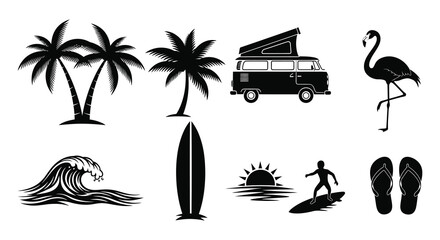 A collection of tropical vacation elements including palms campervan wave and flamingo in silhouette on transparent background high quality professional detailed