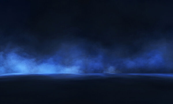 Blue neon smoke on a dark background, smog, fog.