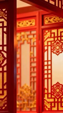 Vertical video: Camera panning red lattice panels and carved post in shrine showing gilded object
